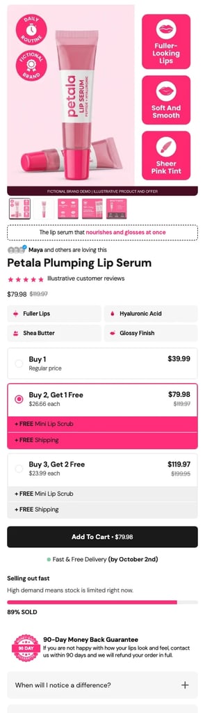 Template 7: Buy 2 get 1 and buy 3 get 2 with a free add-on and free shipping stamped on the bigger bundles, then video reviews, the formula, a three-way comparison and a reviews wall