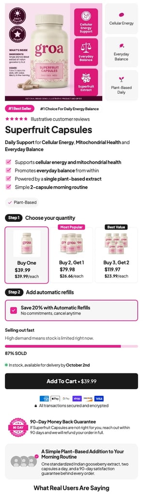 Template 8: Buy 2 get 1 and buy 3 get 2 image cards with automatic refills under them, then the signs, how it helps, what is inside, a timeline, reviews, stats and a reviews wall